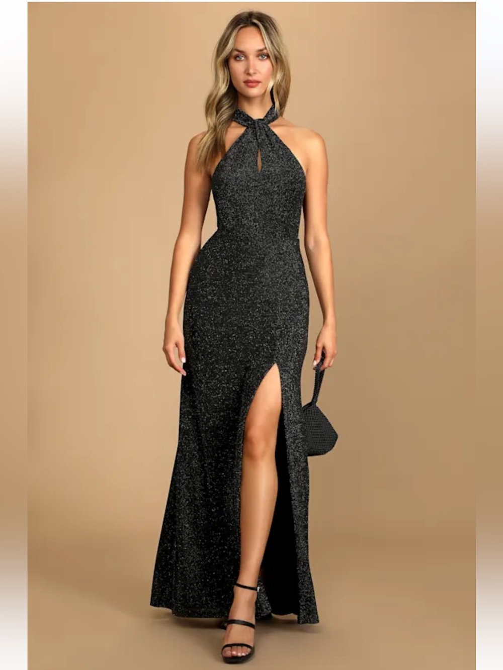 NWT Lulu’s Devoted to Dazzling Black Sparkly Halter Mermaid Maxi Dress Sz: M